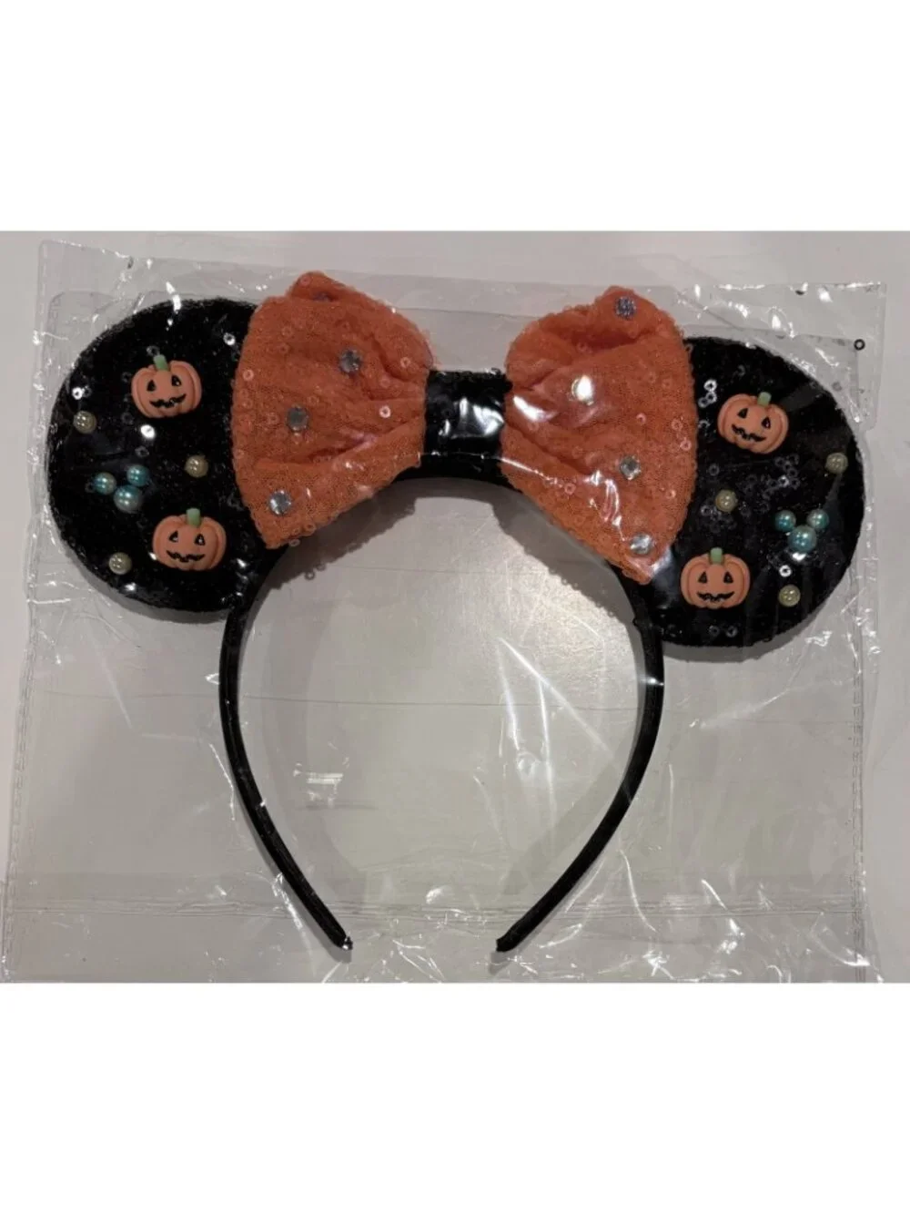Disney Black/Orange PUMPKINS HALLOWEEN MOUSE EARS Headband w/BOW Beads & Sequins